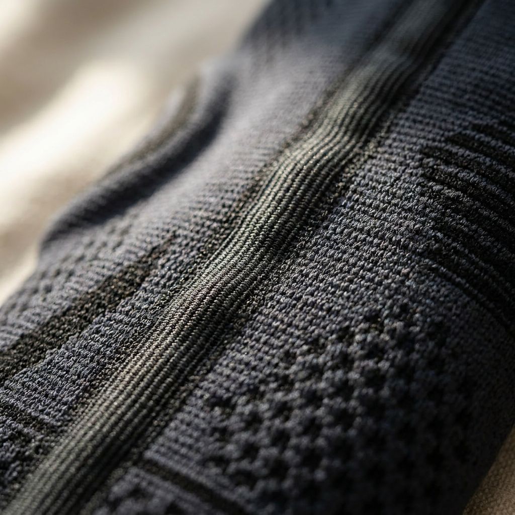 Nahaufnahme der Ellenbogenbandage. Schwarzes, strukturiertes Material mit vertikalen Nähten. Detailansicht.