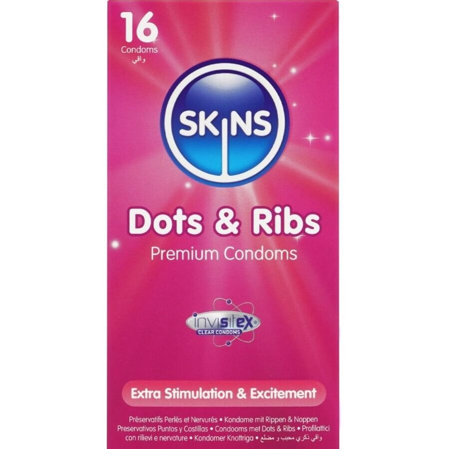 Rosa Verpackung mit SKINS Dots & Ribs Kondomen. 16 Stück. Inhaltsangaben und Logos.