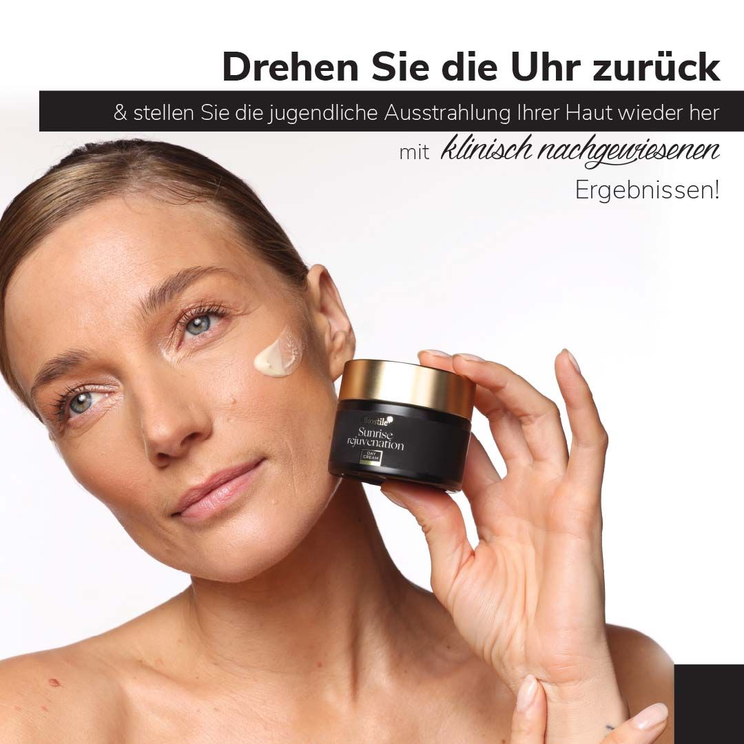 Frau mit Creme auf der Haut. Produkt: Biostile Sunrise Rejuvenation Day Cream. Text: klinisch nachgewiesene Ergebnisse.