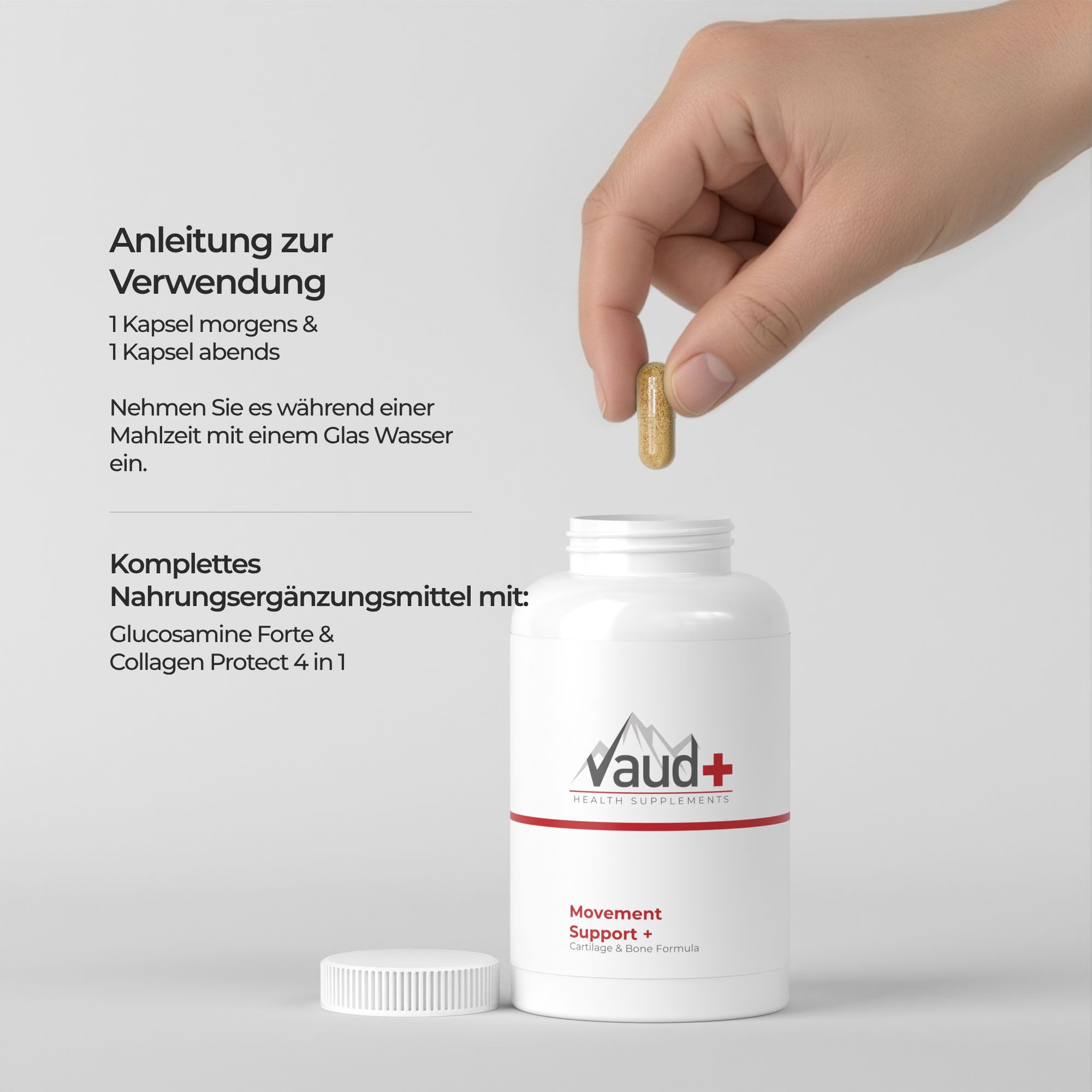 Hand legt Kapsel in eine weiße Flasche. Text: Anleitung zur Verwendung. Nahrungsergänzungsmittel mit Glucosamin Forte & Collagen Protect.