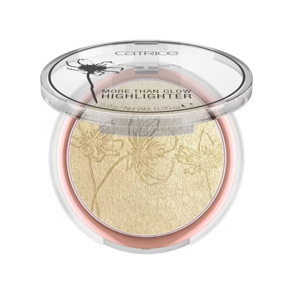 Geöffneter Highlighter-Kompaktpuder mit floralem Muster. Rosa Umrandung, transparente Hülle. Schriftzug: MORE THAN GLOW HIGHLIGHTER.