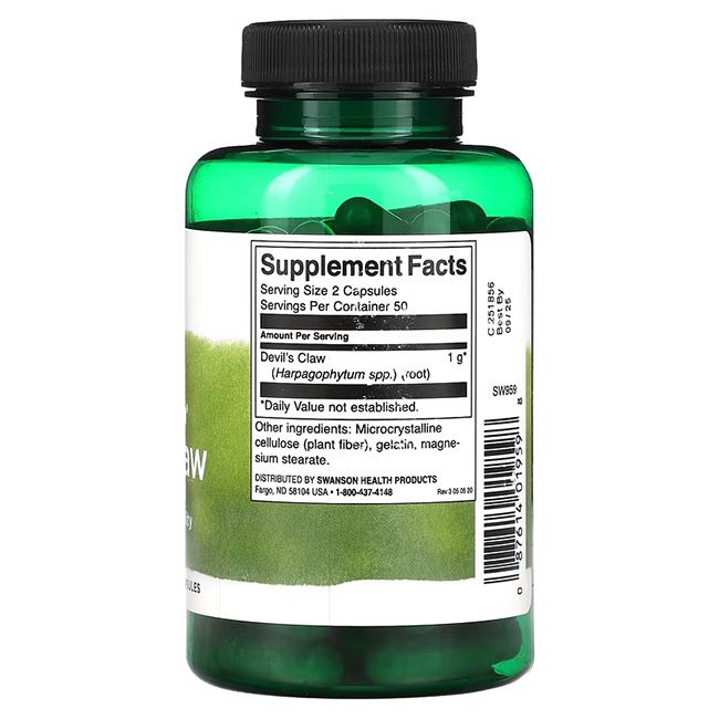 Grüne Flasche mit schwarzem Deckel. Rückseite mit Nährwertangaben: Devil's Claw, 1g pro Portion, Zutaten.