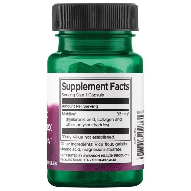 Rückseite der grünen Flasche. Etikett mit Nährwertangaben. Enthält Hyaluronsäure, Kollagen und andere Polysaccharide.