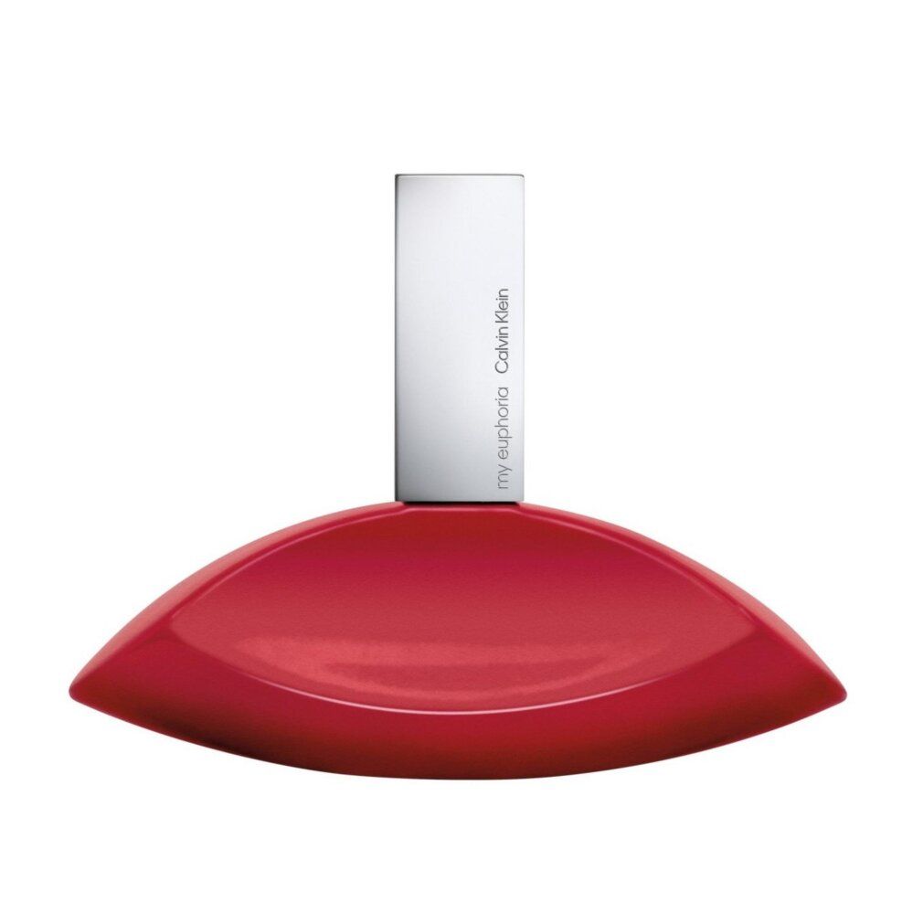 Roter Flakon mit silbernem Verschluss. Aufschrift: my euphoria Calvin Klein.