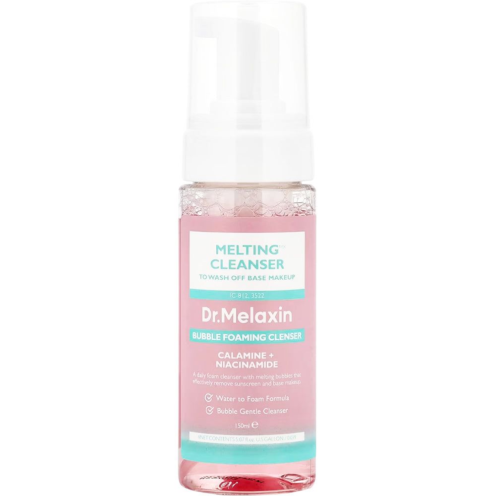 Rosa Flasche mit weißem Pumpkopf. Aufschrift: Dr. Melaxin, Melting Cleanser, Bubble Foaming Cleanser. Enthält Calamine und Niacinamid.