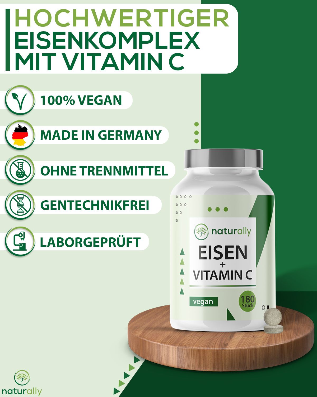 naturally Eisen und Vitamin C | 20mg Eisenbisglycinat, 40mg Vitamin C