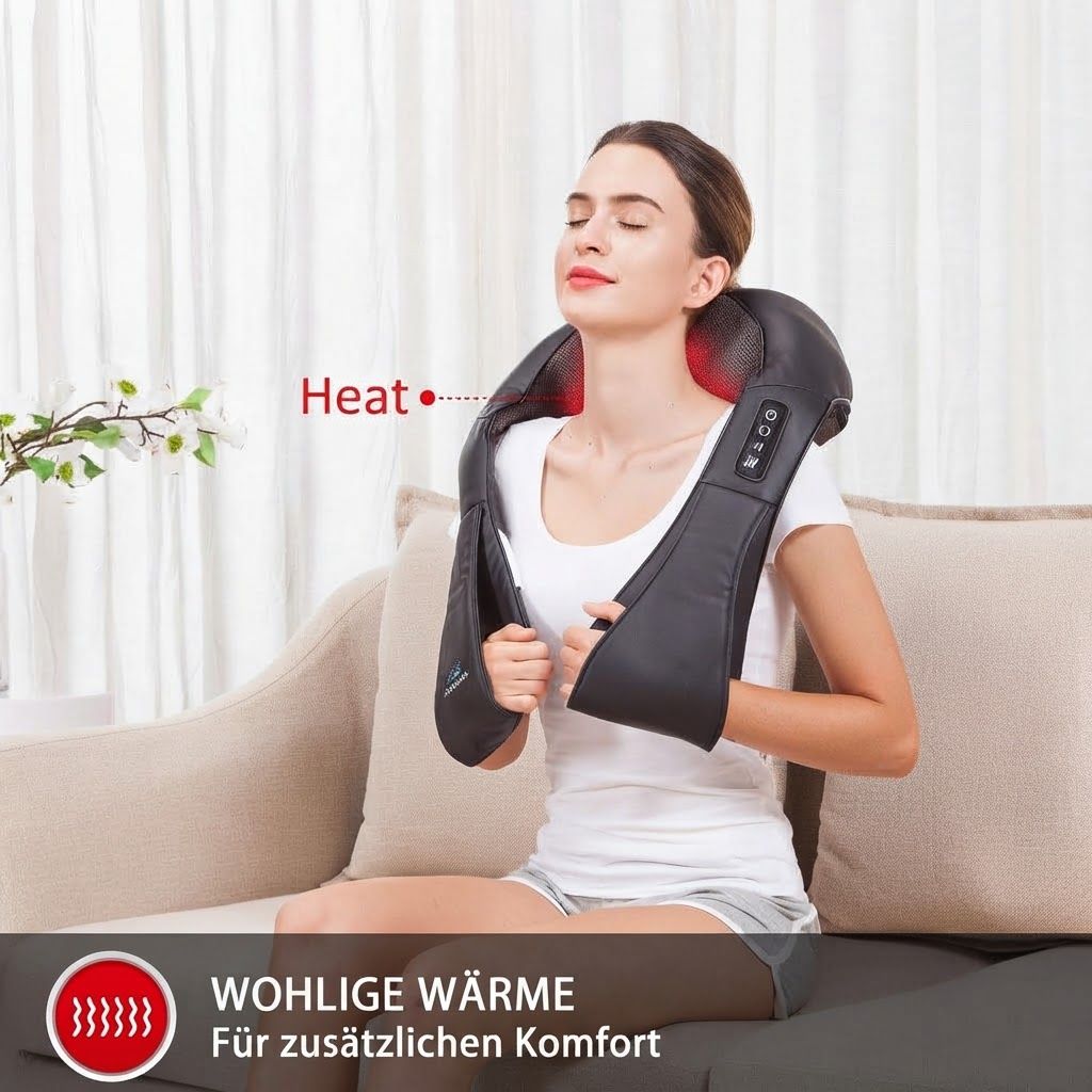 Frau mit schwarzem Nackenmassagegerät, das Wärme abgibt.
