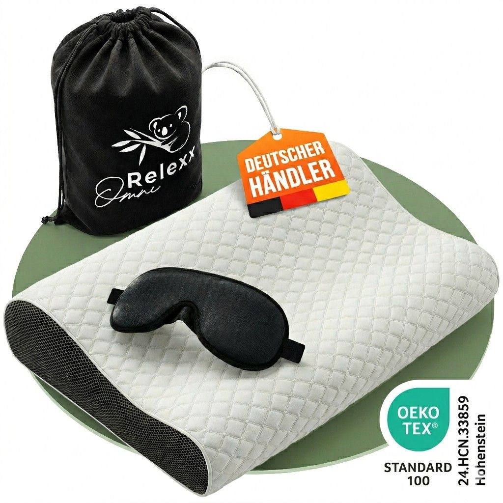 Kissen mit schwarzer Netzkante, schwarzer Beutel, Schlafmaske. Label: Deutscher Händler. Zertifizierung: Oeko-Tex.