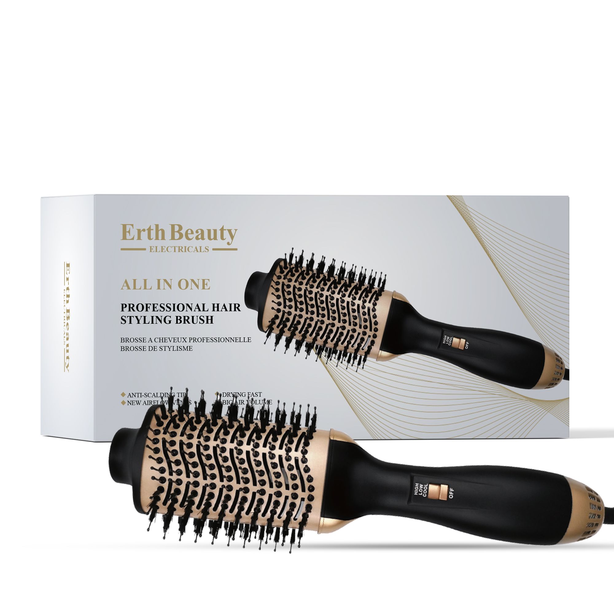 Professionelle Haarstylingbürste mit Rundbürstenkopf und schwarzem Griff. Verpackung im Hintergrund.