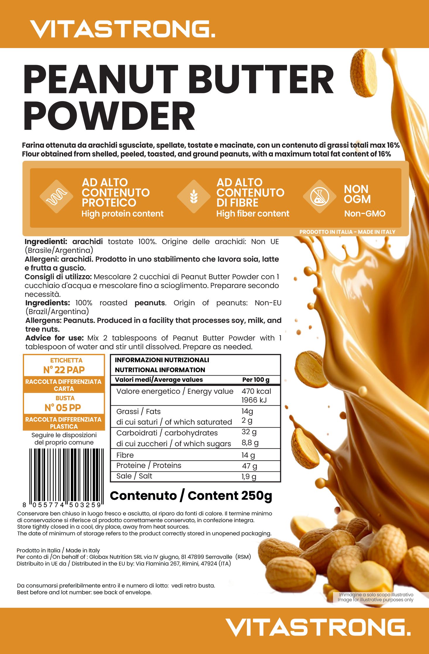 Beutel Vitastrong Peanut Butter Powder. Text: High Protein, High Fiber, Non-GMO. 250g Inhalt. Erdnüsse und Erdnussbutter-Spritzer.