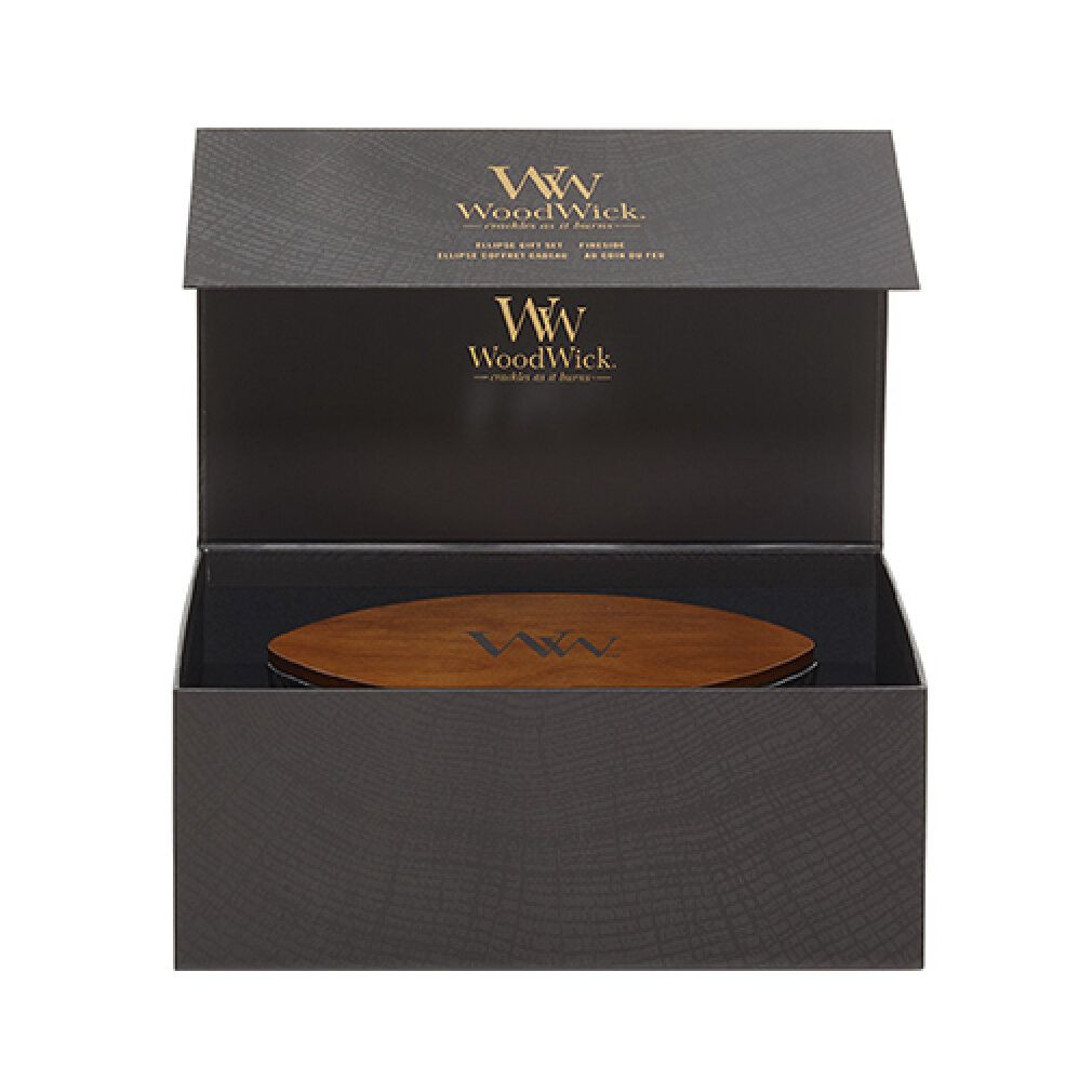 Schwarze Geschenkbox mit Deckel. Innen Holzdeckel mit Logo. Goldfarbenes Logo WoodWick auf Deckel und Box.