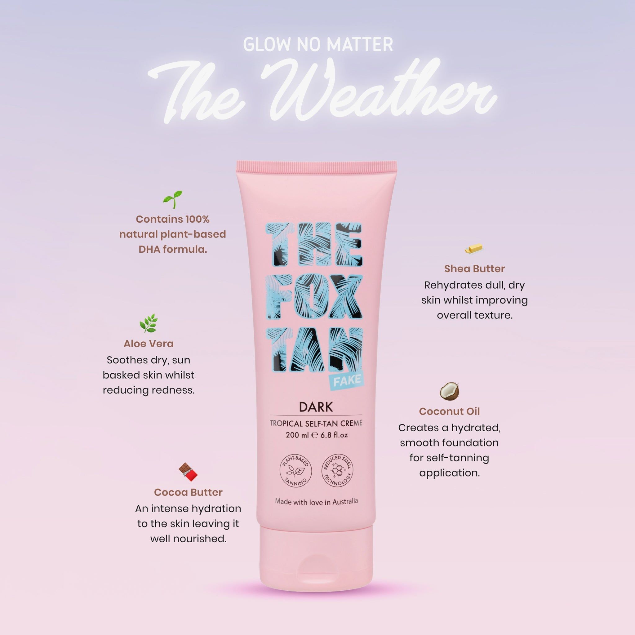 Rosa Tube mit Text und Inhaltsstoff-Icons. Enthält Aloe Vera, Shea Butter, Kokosöl und Kakao Butter.
