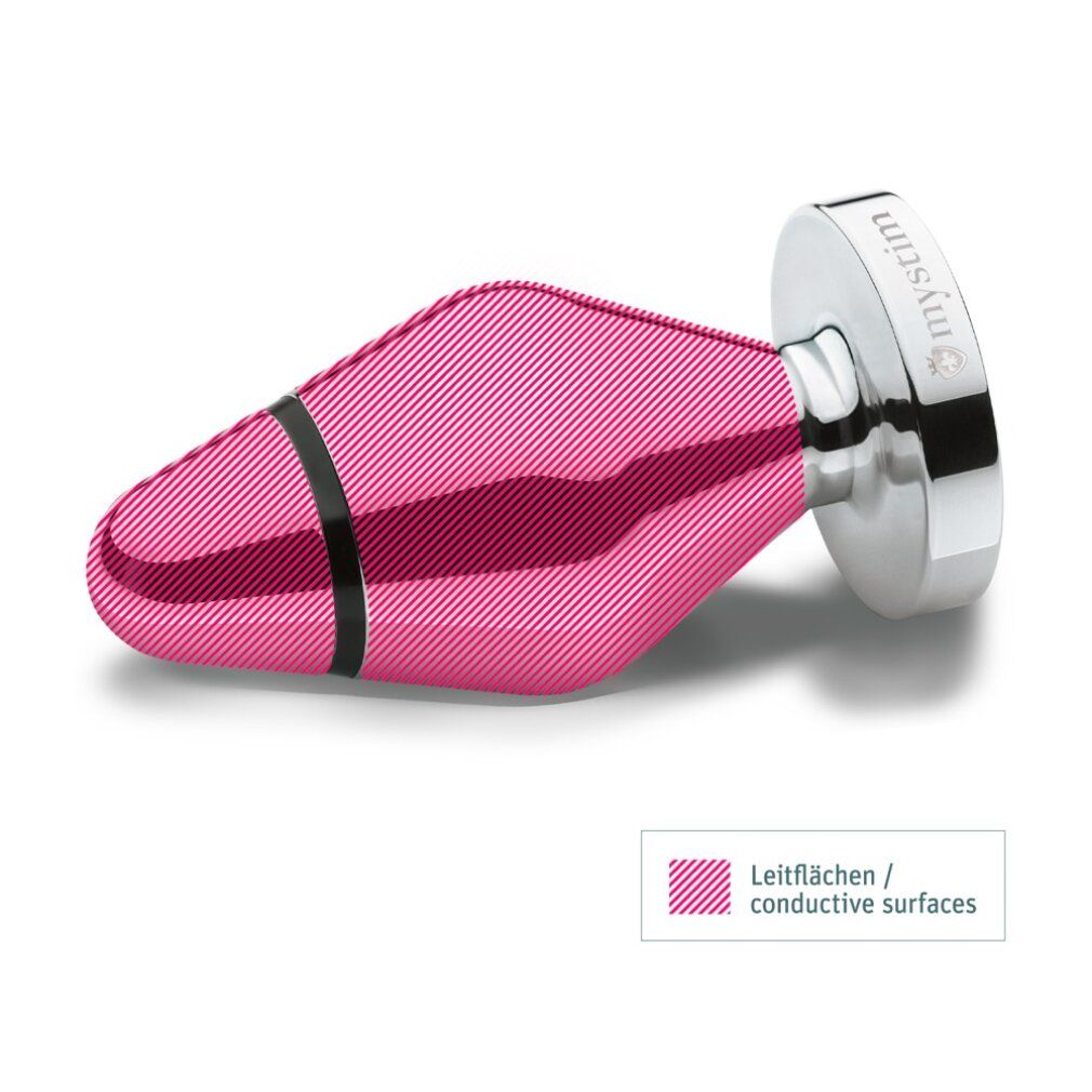 Silberfarbener Buttplug mit rosa, gestreifter Oberfläche. Schwarzer Ring. Basis mit Marke Mystim. Liegend.