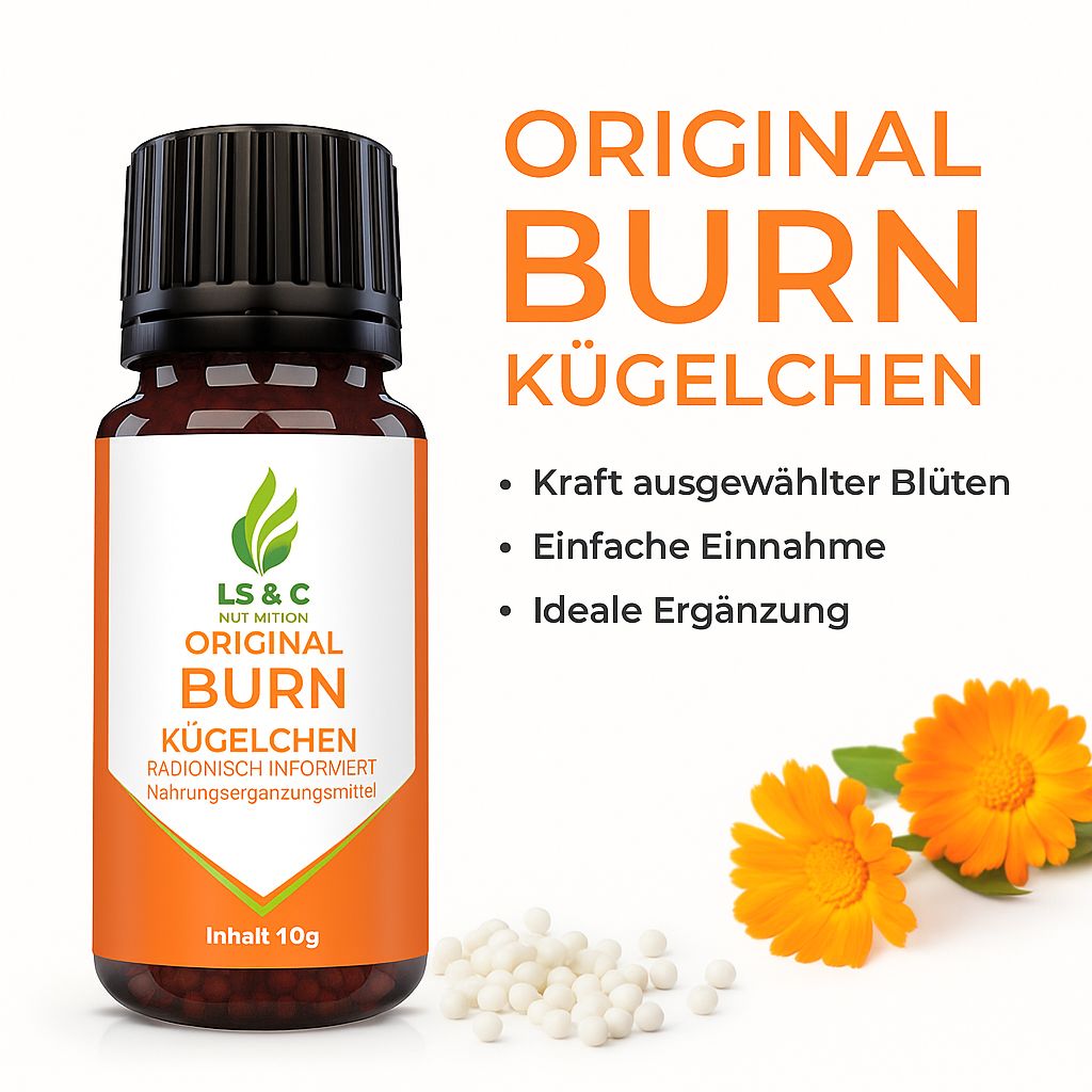 Braune Glasflasche mit Etikett und Produktinformationen. Daneben Blüten und Kügelchen.