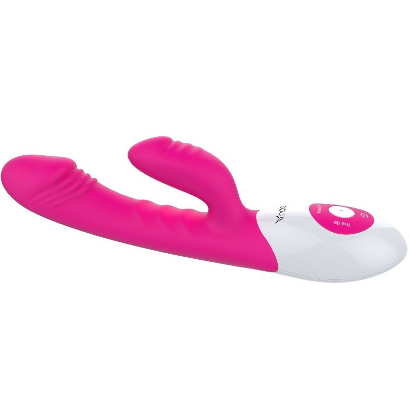 Rosa Vibrator mit weißem Griff. Knöpfe und Logo. Schräge Ansicht.