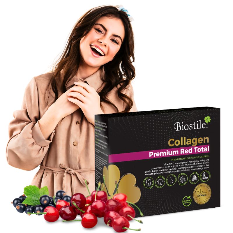 Schachtel mit Biostile Collagen Premium Red Total, Kirschen und Johannisbeeren. Frau lächelt.