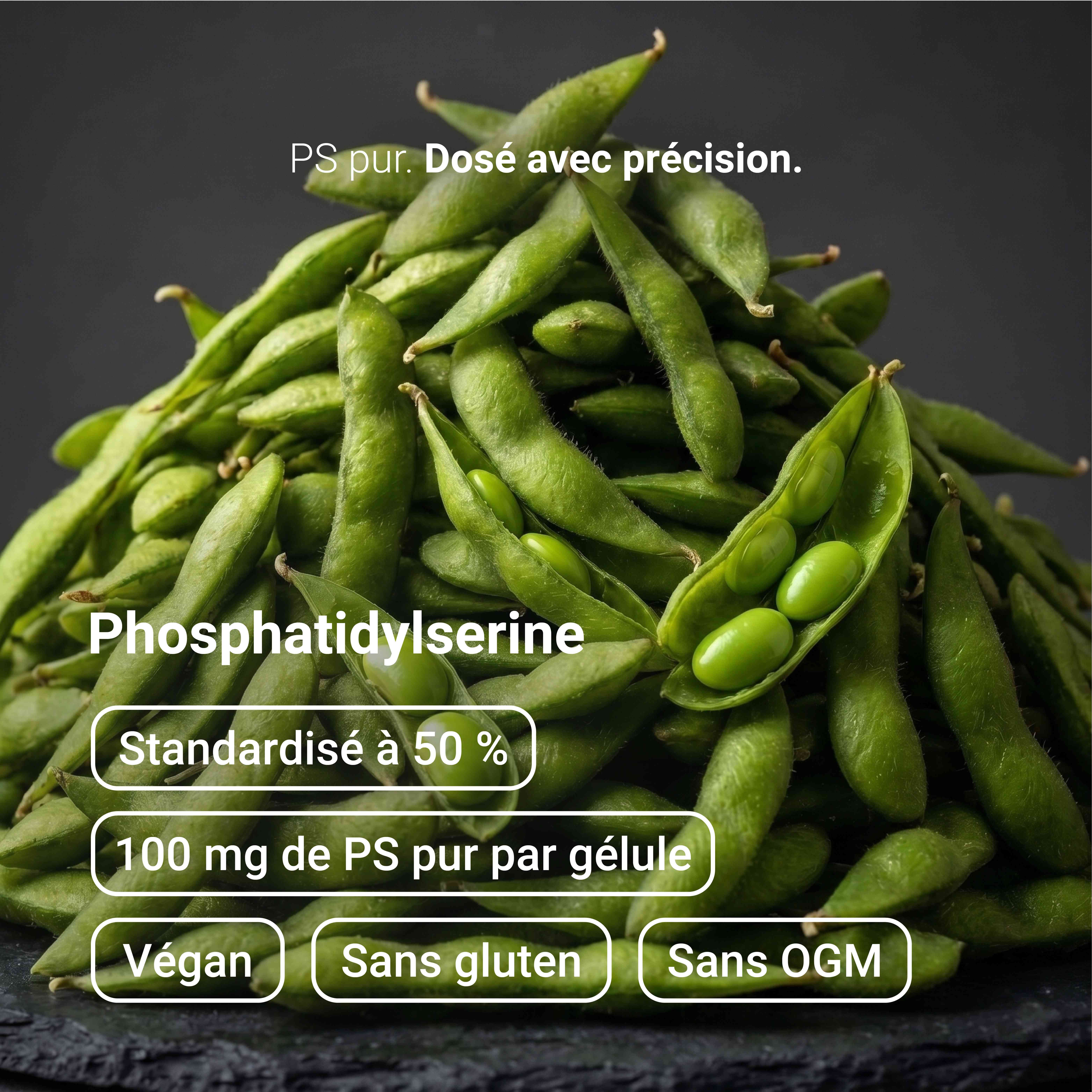 Haufen von Sojabohnen in Schoten, mit Text über Phosphatidylserin, 100 mg pro Kapsel, vegan, glutenfrei, GVO-frei.