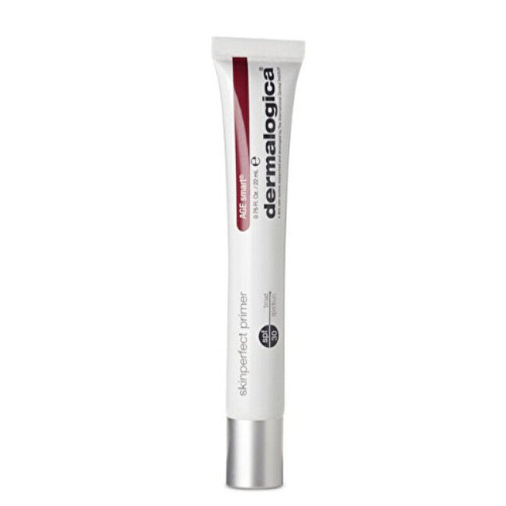 Weisse Tube mit silbernem Verschluss. Aufschrift: Dermalogica, Skinperfect Primer. Roter Akzent. Text: AGE Smart.
