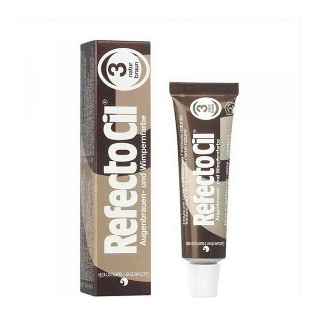 Produktverpackung von Refectocil 3, Naturbraun. Tube und Schachtel mit Produktinformationen.