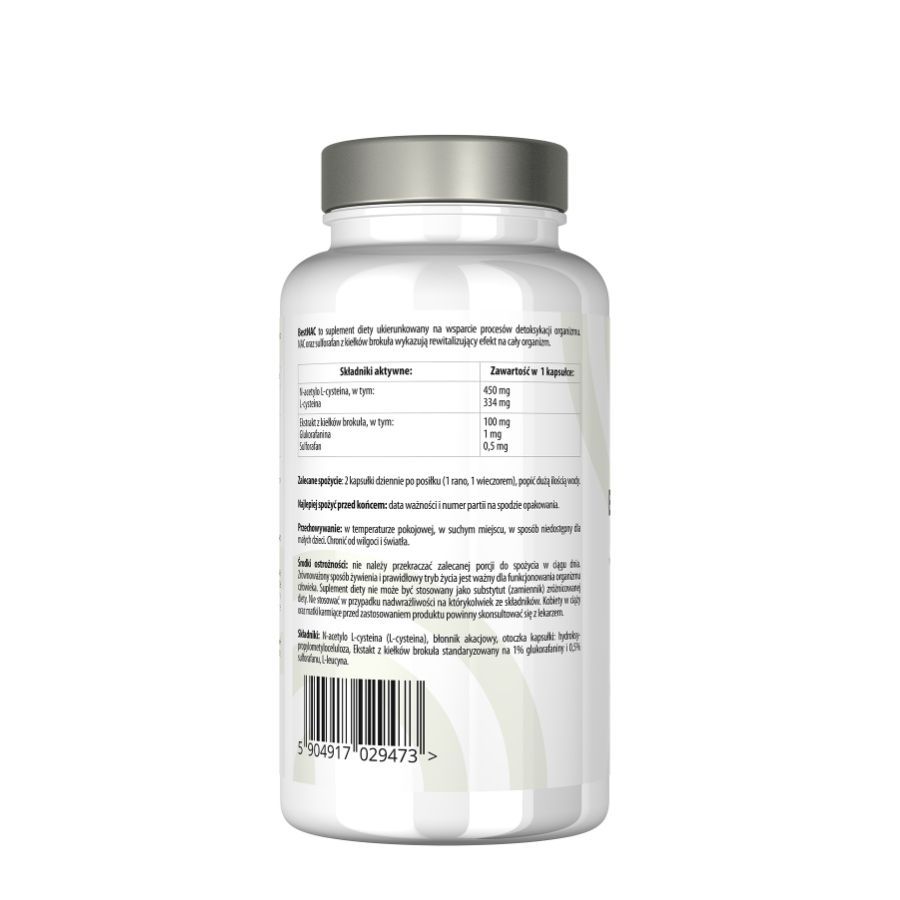 Rückseite der weißen Flasche mit BEST LAB NAC. Textinformationen zu Inhaltsstoffen und Nährwerten. Barcode unten.