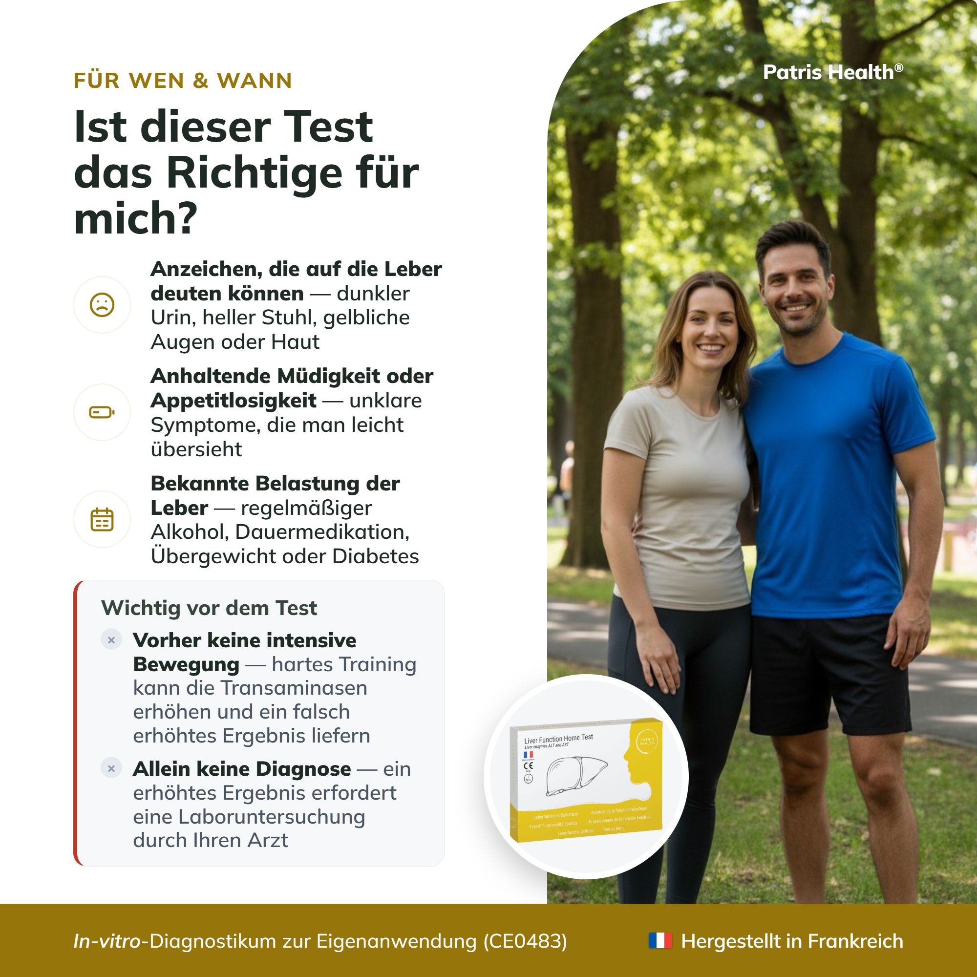 Paar im Freien; Text erklärt, für wen und wann der Patris Health Leberfunktionstest geeignet ist.