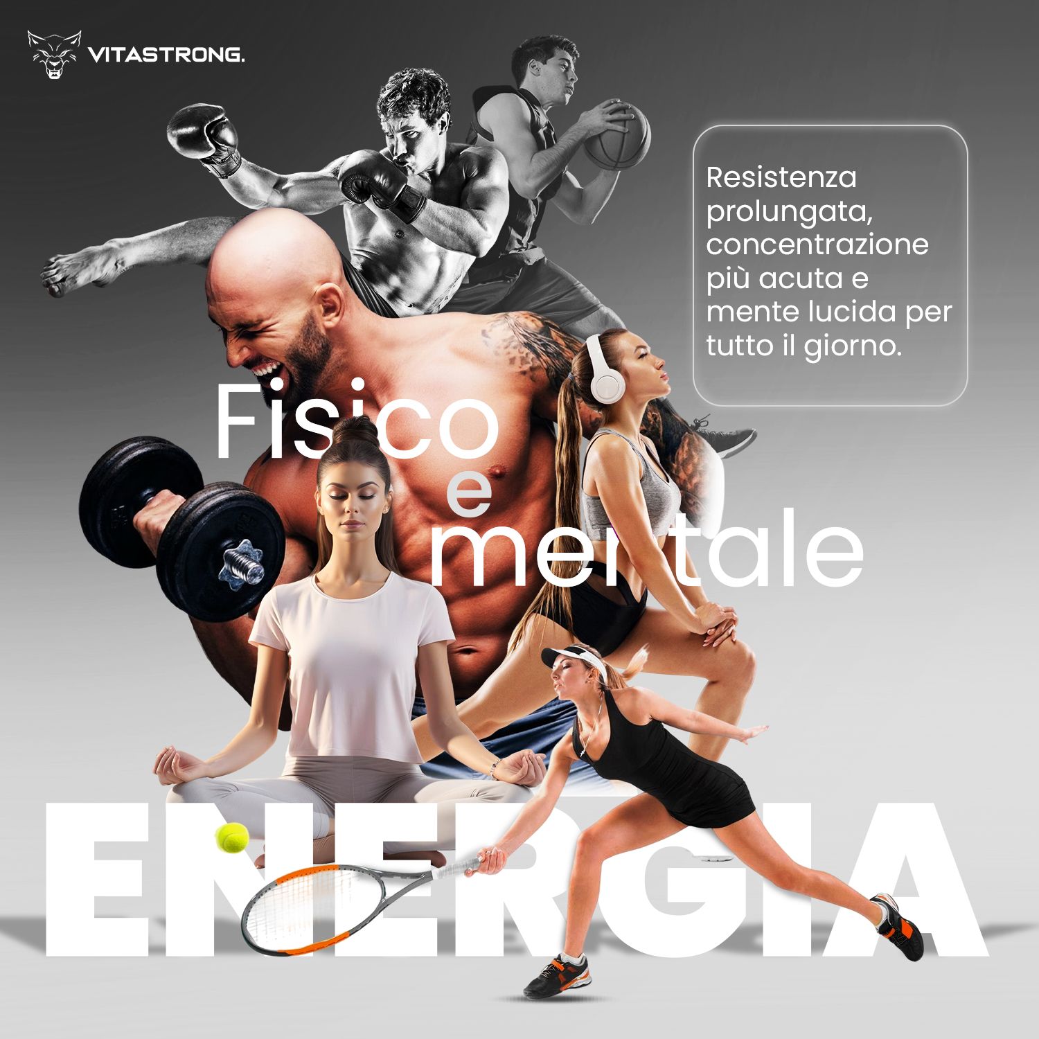 Grafik mit Sportlern. Text: Energie, körperlich und geistig. Abgebildet: Tennis, Yoga, Boxen, Basketball, Gewichte.