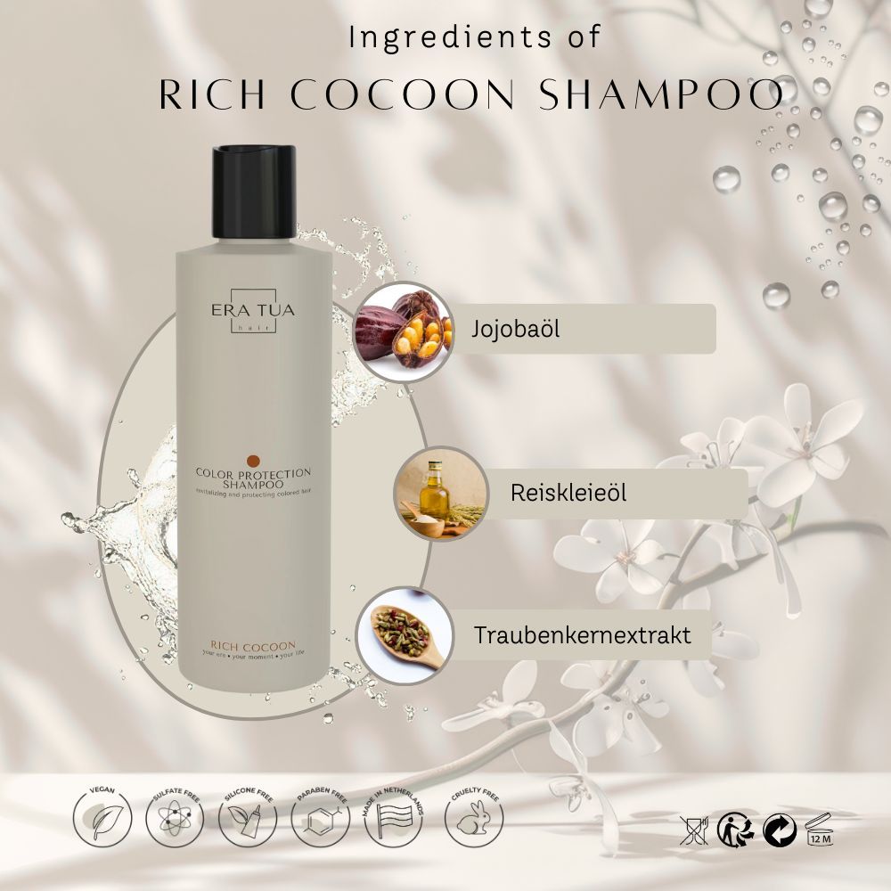 Beige Flasche mit schwarzem Deckel. Text: Era Tua, Rich Cocoon Shampoo, Color Protection. Inhaltsstoffe: Jojobaöl, Reiskleieöl, Traubenkernextrakt.