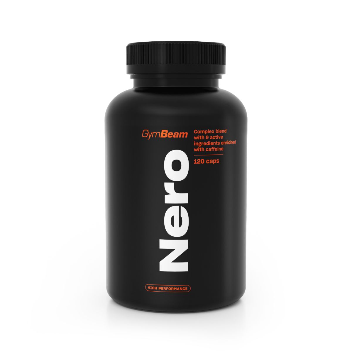 Schwarze Kapsel-Flasche mit weißem Nero-Schriftzug und orangefarbenem GymBeam-Logo. Enthält 120 Kapseln.