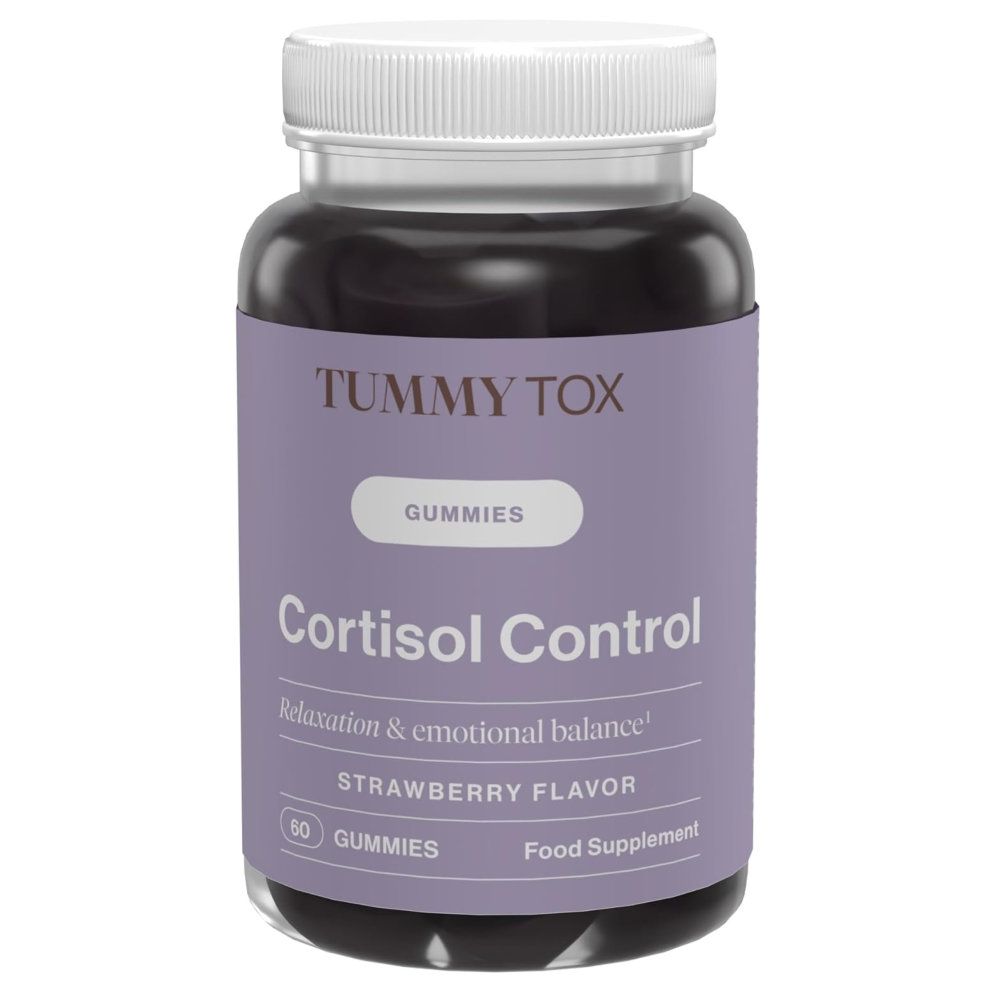 Eine Flasche Tummy Tox Gummies. Lila Etikett mit Produktnamen und Inhaltsangaben. 80 Gummies.