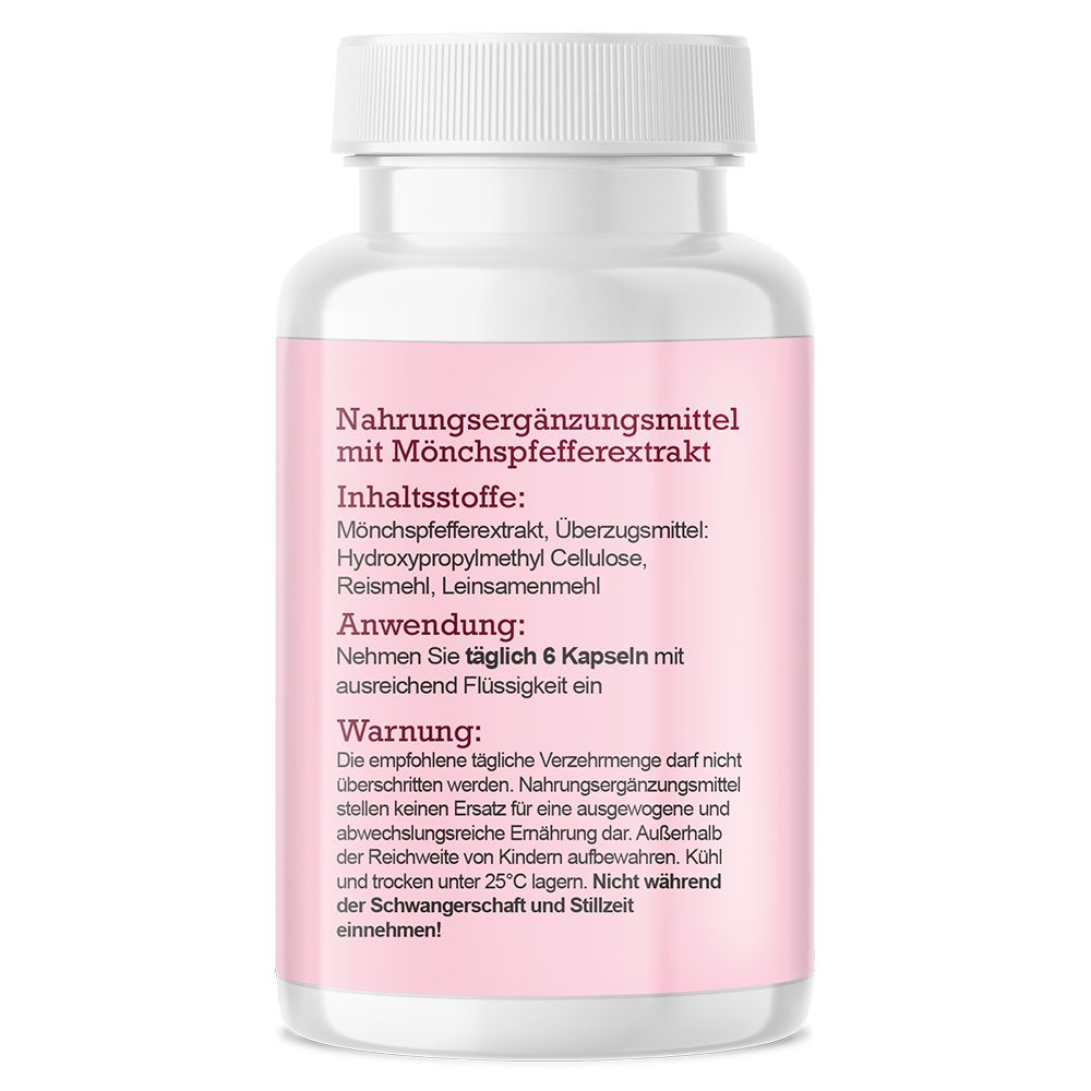 Rückseite des Pillenfläschchens. Text: Nahrungsergänzungsmittel mit Mönchspfefferextrakt. Inhaltsstoffe, Anwendung, Warnhinweis.