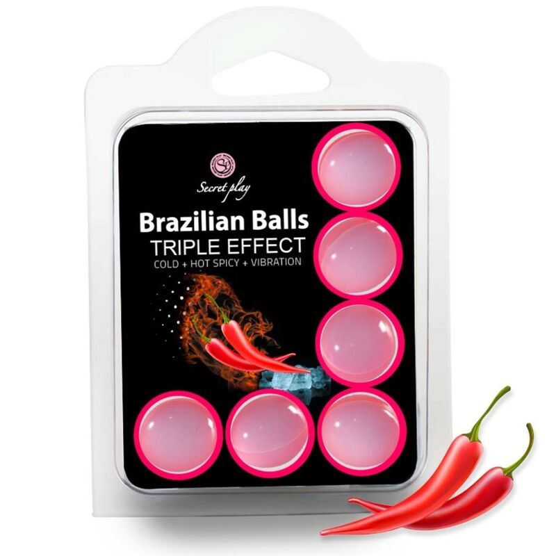 Verpackung mit sechs rosa Kugeln. Aufschrift: Brazilian Balls Triple Effect. Chilischoten liegen daneben.