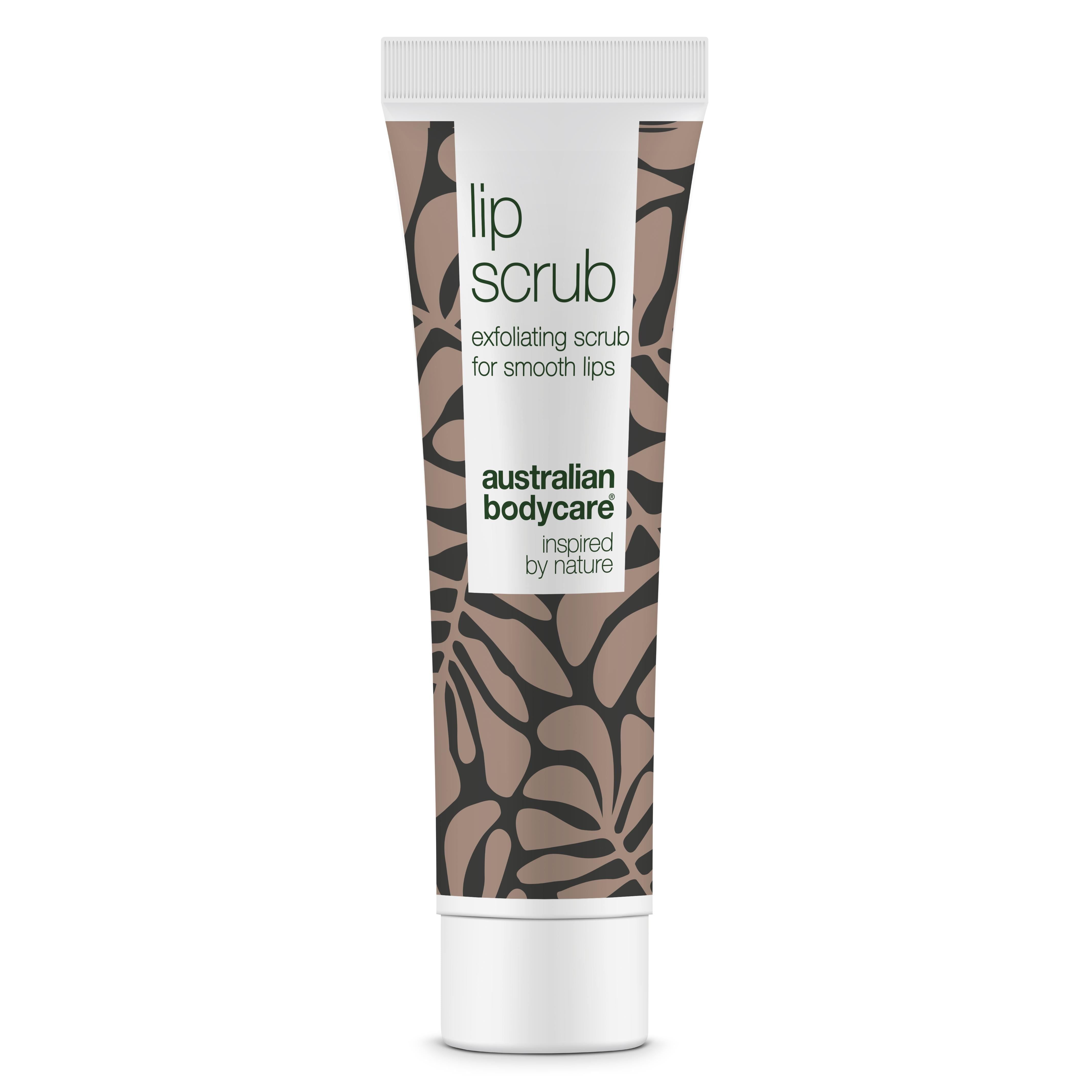 Tube Lippenpeeling. Weißer Deckel, braunes Muster. Text: lip scrub, exfoliating scrub for smooth lips, Australian Bodycare.