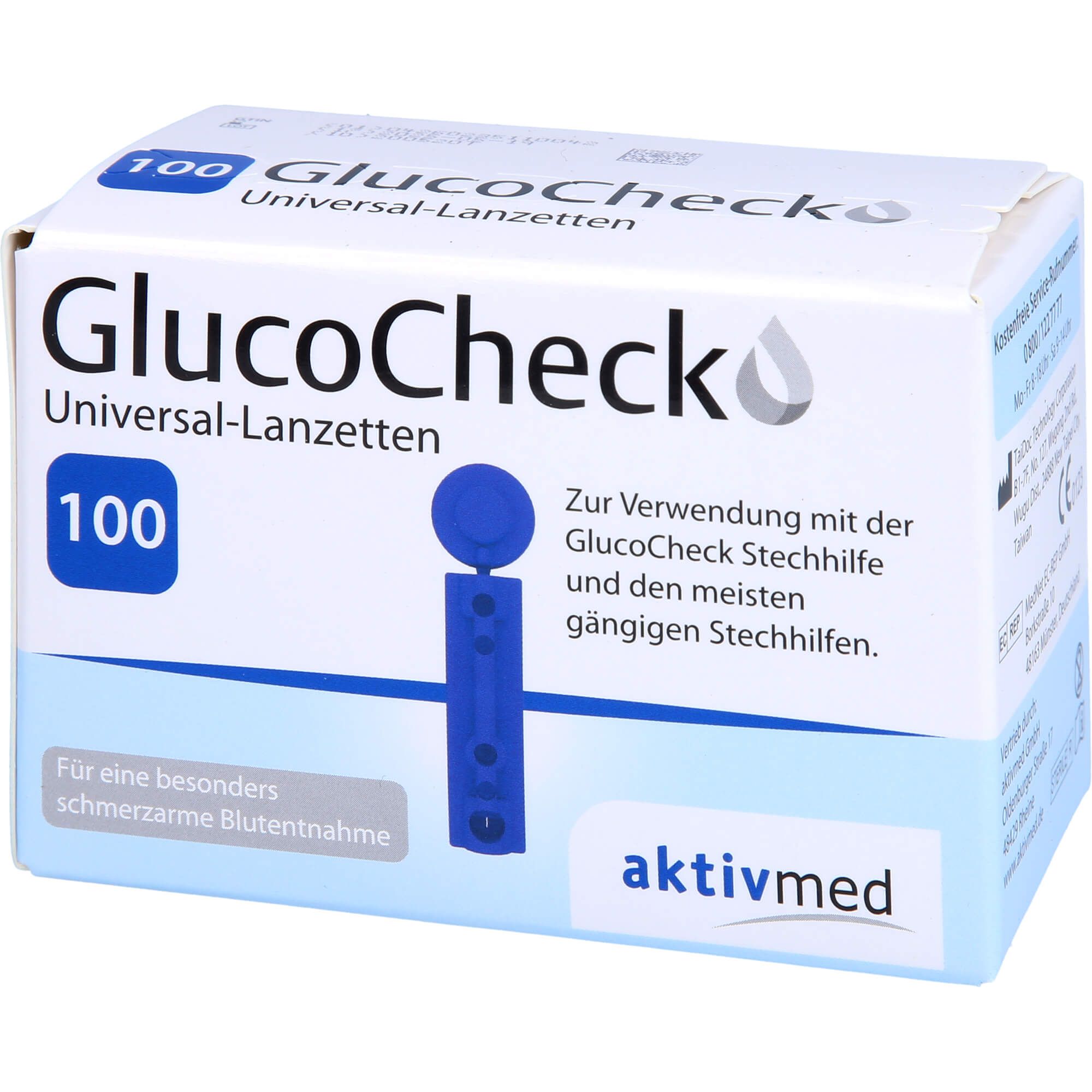 Schachtel mit 100 Lanzetten. Aufschrift: GlucoCheck Universal-Lanzetten. Blaue Lanzette sichtbar. Marke: aktivmed.