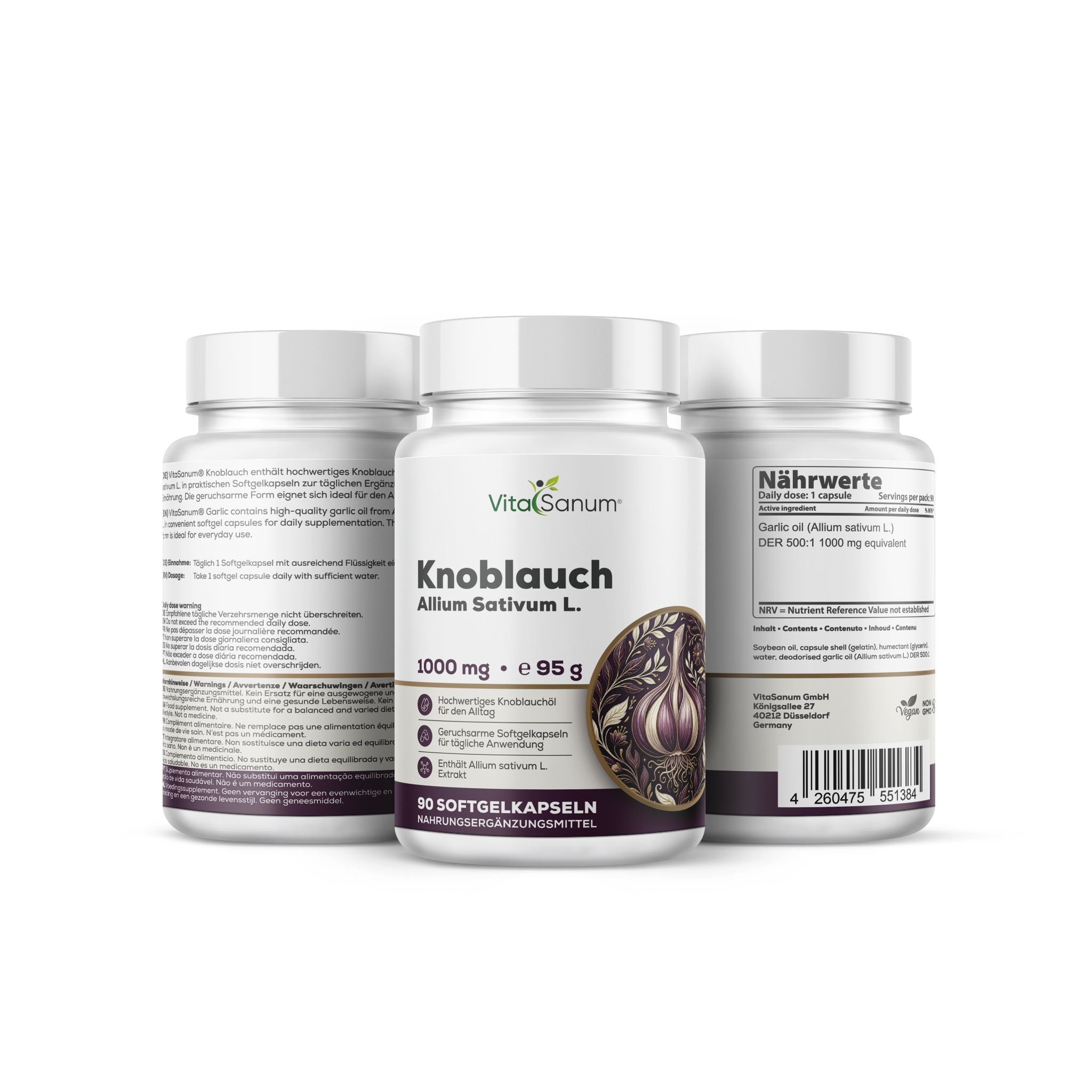 VitaSanum Knoblauch Softgelkapseln: 1000 mg, 90 Kapseln, inklusive Rückseitenetikett.