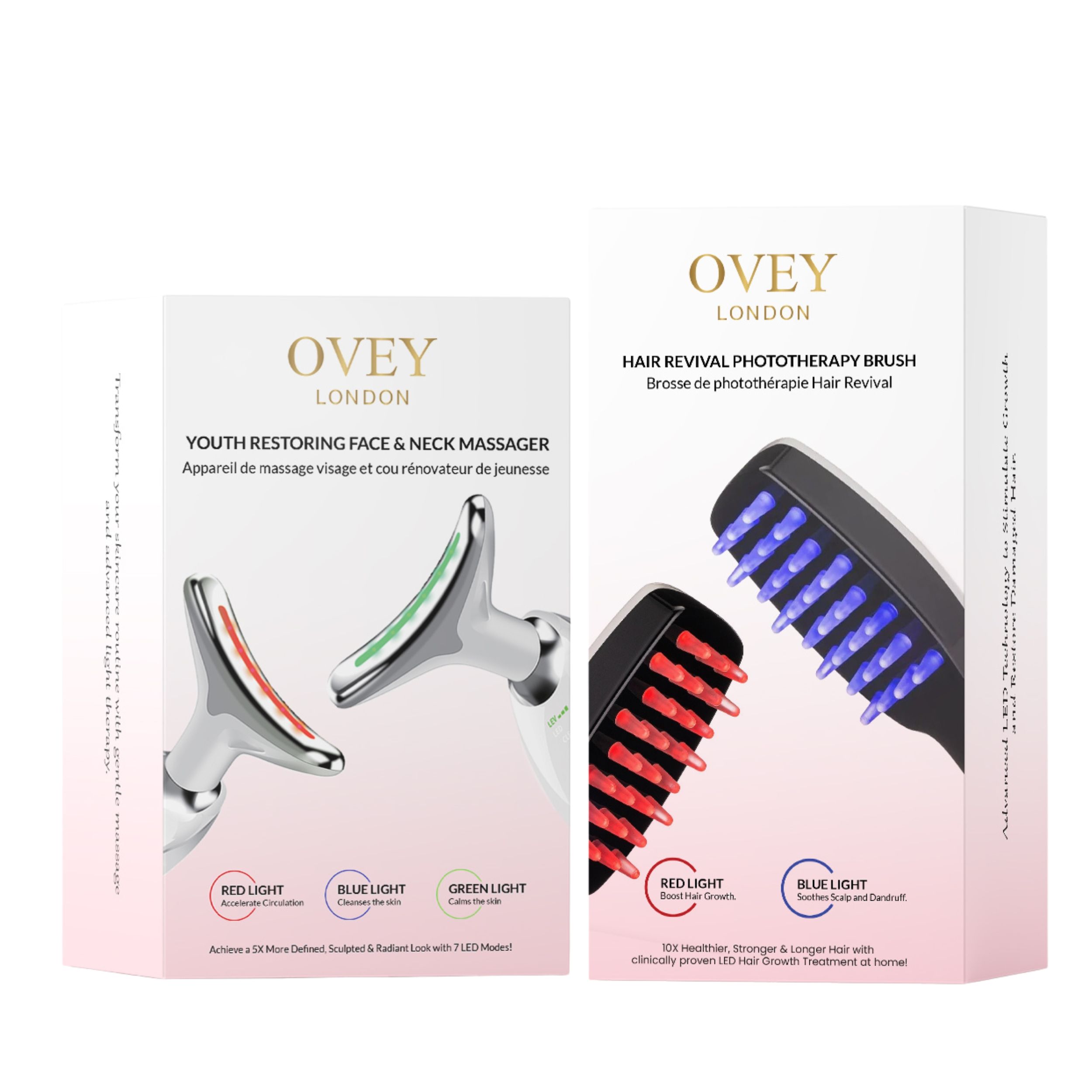 Zwei Produktverpackungen. Links: Gesichtsmassagegerät mit rotem, blauem und grünem Licht. Rechts: Haarbürste mit roten und blauen LEDs.