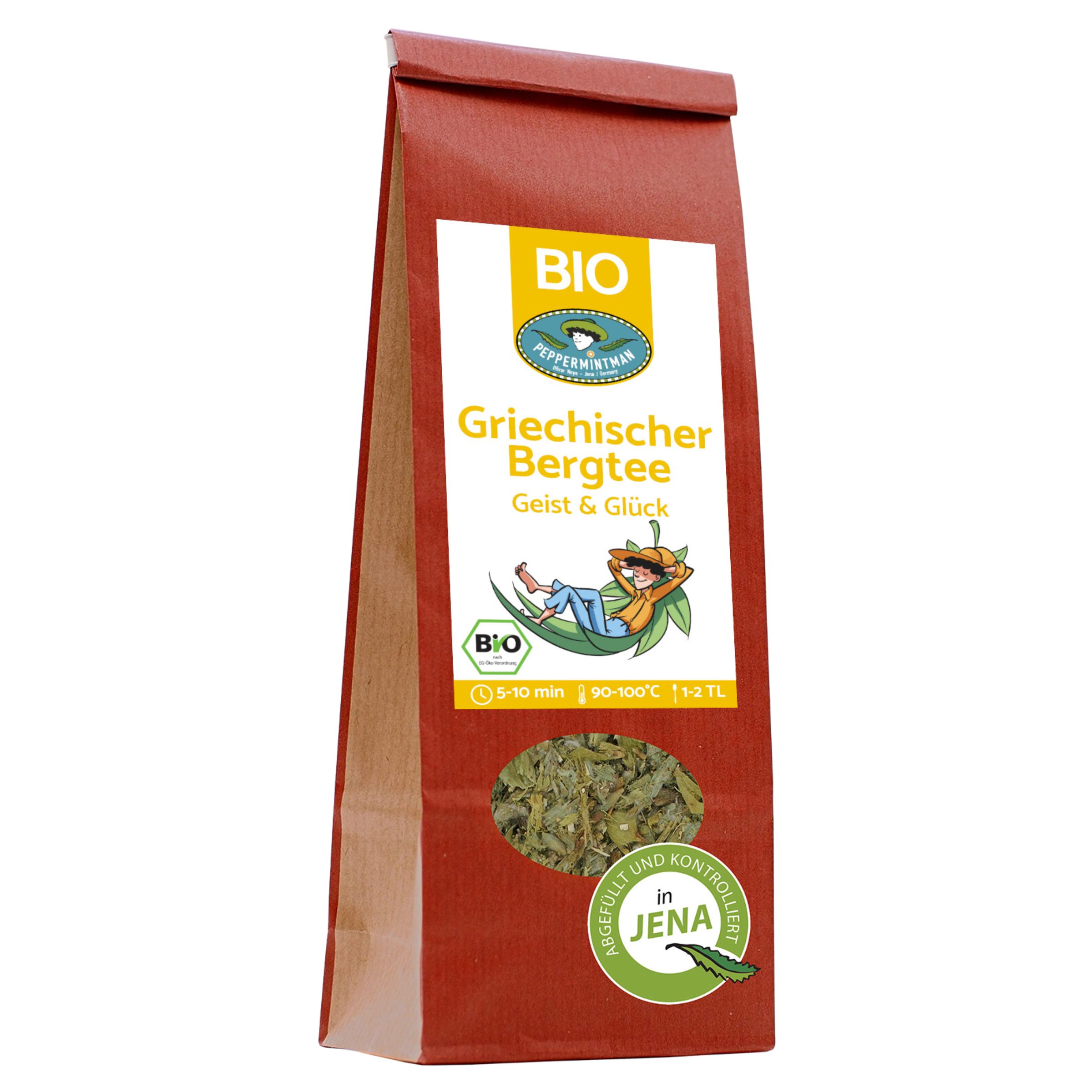 Braune Papiertüte mit Aufdruck. BIO-Logo, Text: Griechischer Bergtee, Geist & Glück. Sichtfenster mit Kräutern.