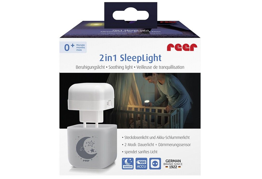 Verpackung für 2in1 SleepLight. Produkt und Anwendung abgebildet. Marke: reer. Text: Beruhigungslicht, 0+ Monate.