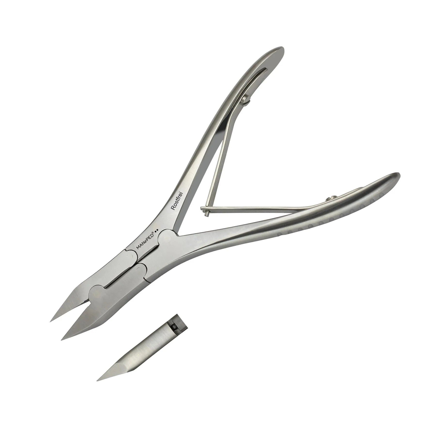 Metall-Nagelzange mit Hebel und abgewinkeltem Kopf. Enthält ein separates, rechteckiges Werkzeug.