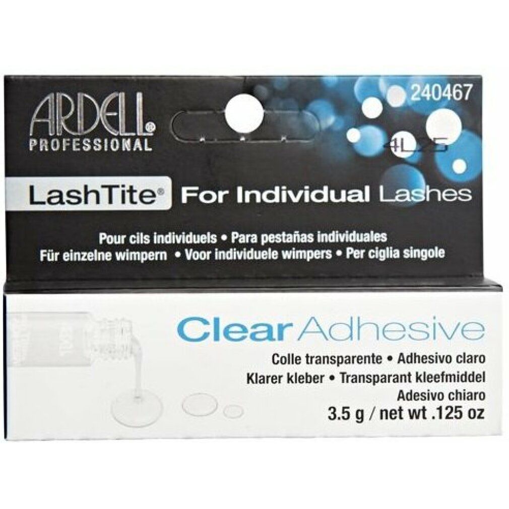 Ardell LashTite Kleber für Einzelwimpern. Klare Formel. 3,5 g. Schwarze und weiße Verpackung mit Produktnamen und Markennamen.