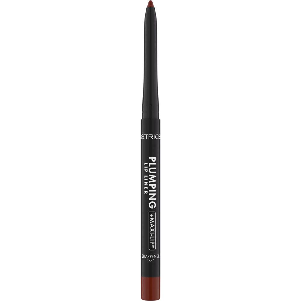 Catrice Lipliner. Dunkelbrauner Stift mit schwarzem Schaft. Text: Plumping + Maxi Lip. Anspitzer.