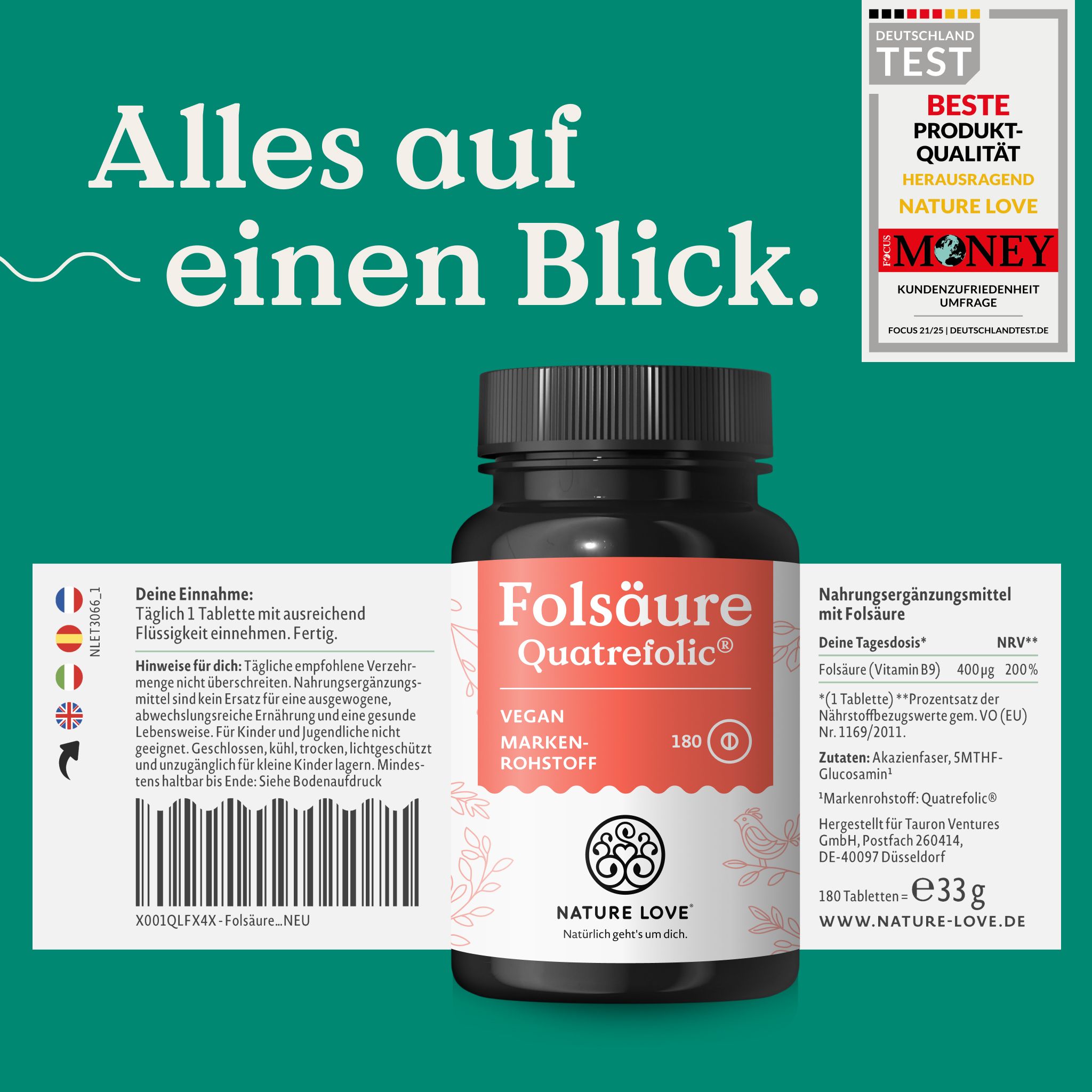 Flasche Folsäure Quatrefolic mit Etikett. "Nahrungsergänzungsmittel".