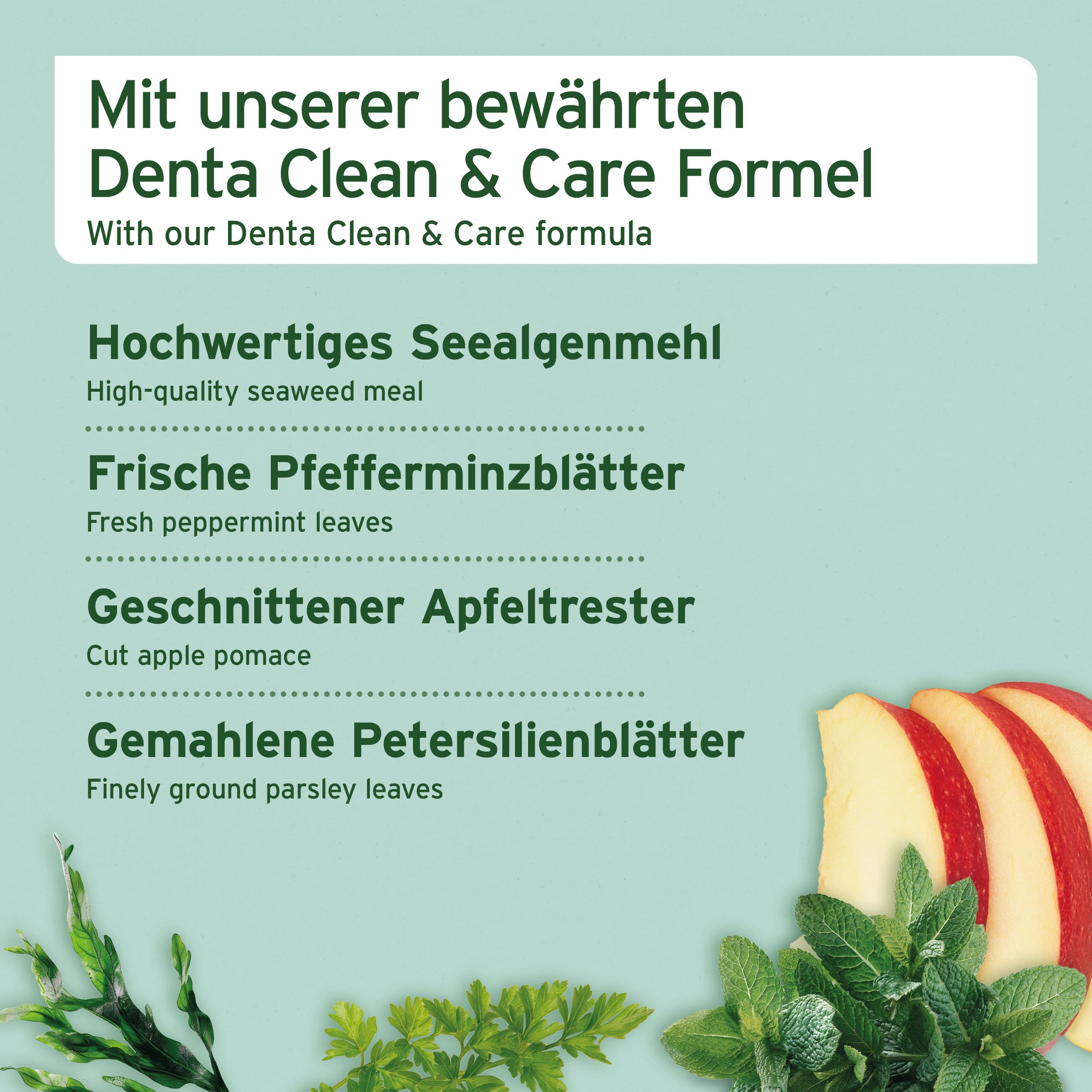 Text mit Inhaltsstoffen: Seealgenmehl, Pfefferminzblätter, Apfeltrester, Petersilienblätter. Apfelstücke, Kräuter.