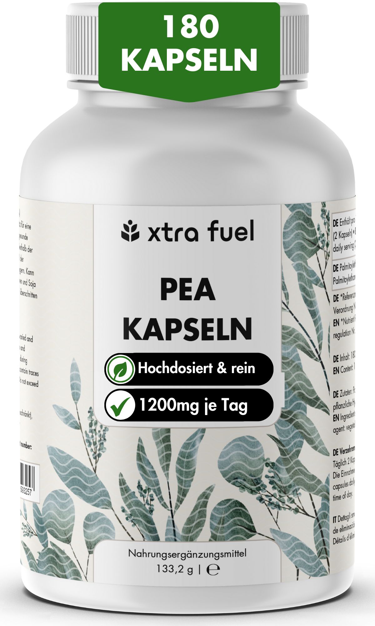 Weiße Flasche mit Kapseln. Aufschrift: XTRA FUEL PEA Kapseln. 180 Kapseln. Hochdosiert & rein. 1200mg je Tag.