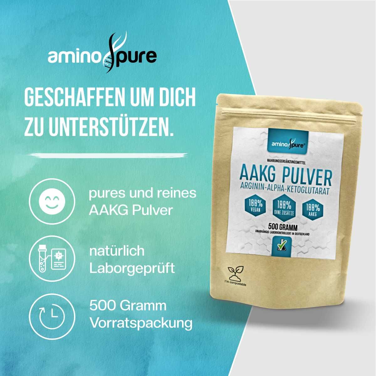Beutel mit Aminopure AAKG Pulver, 500 Gramm, laborgeprüft.