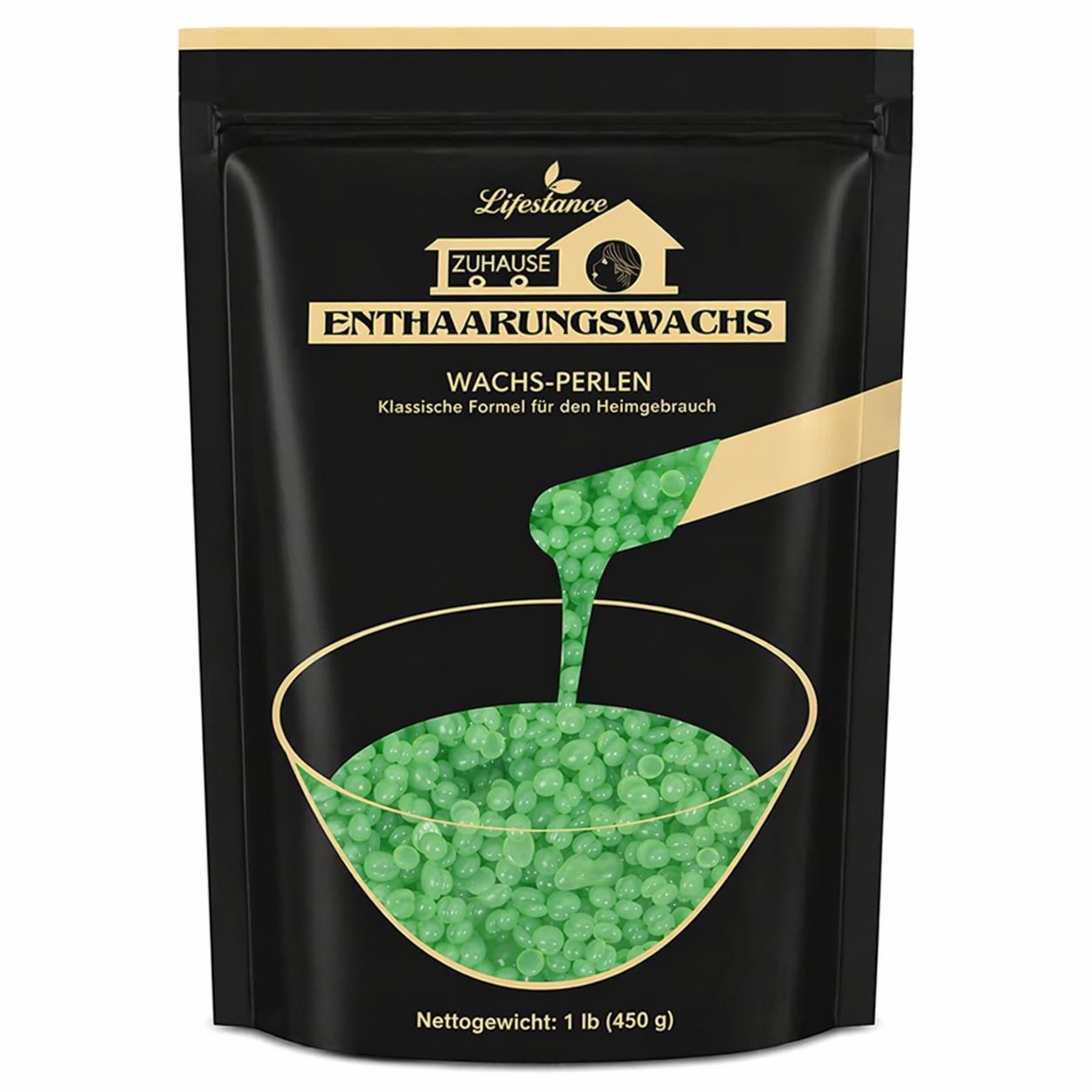 Schwarze Verpackung mit grünen Wachsperlen. Text: Lifestance, Wachs-Perlen, klassische Formel für den Heimgebrauch. 1 lb (450 g).