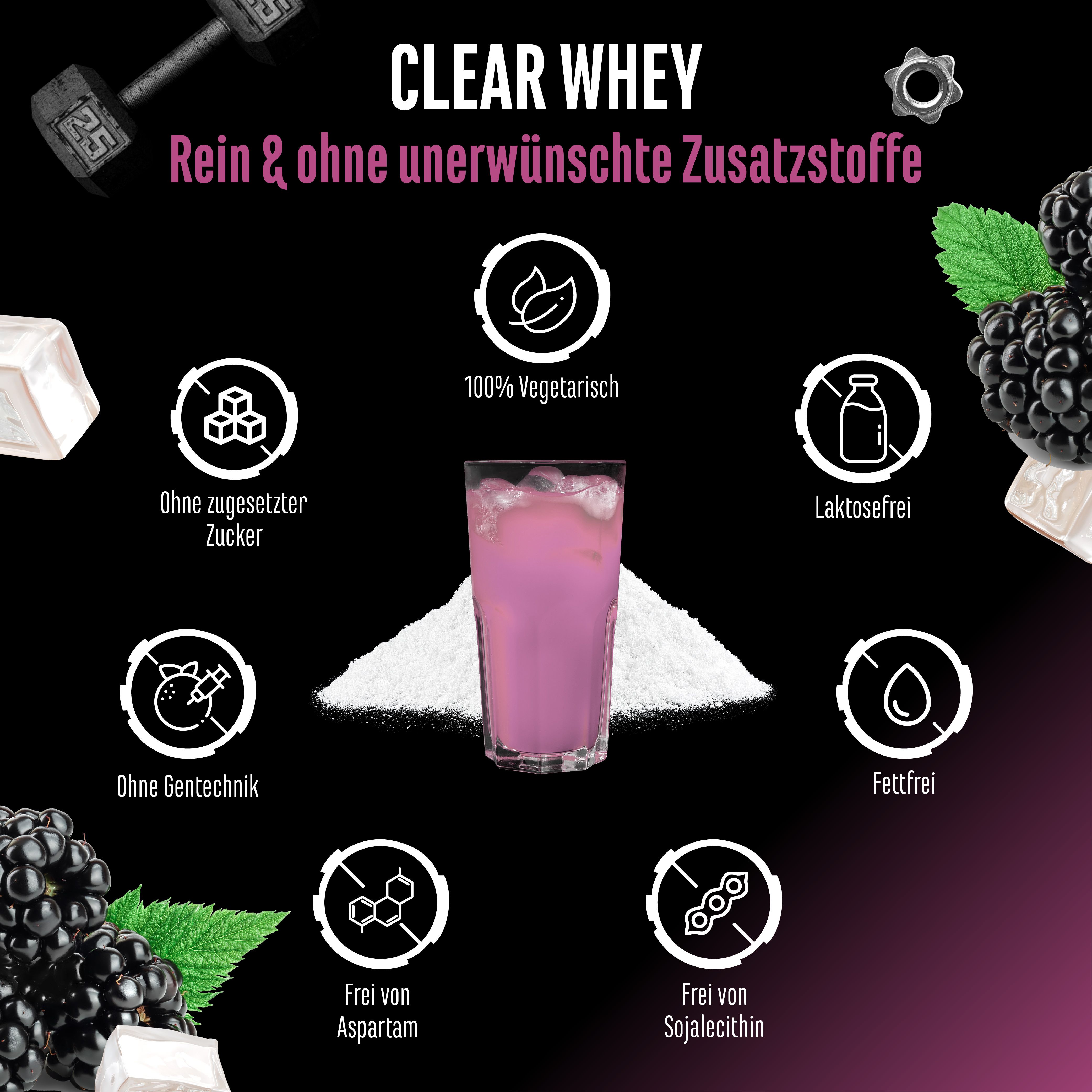 Grafik mit Glas Clear Whey Drink. Icons: ohne Zucker, ohne Gentechnik, fettfrei, laktosefrei, ohne Aspartam, ohne Sojalecithin, 100% vegetarisch.