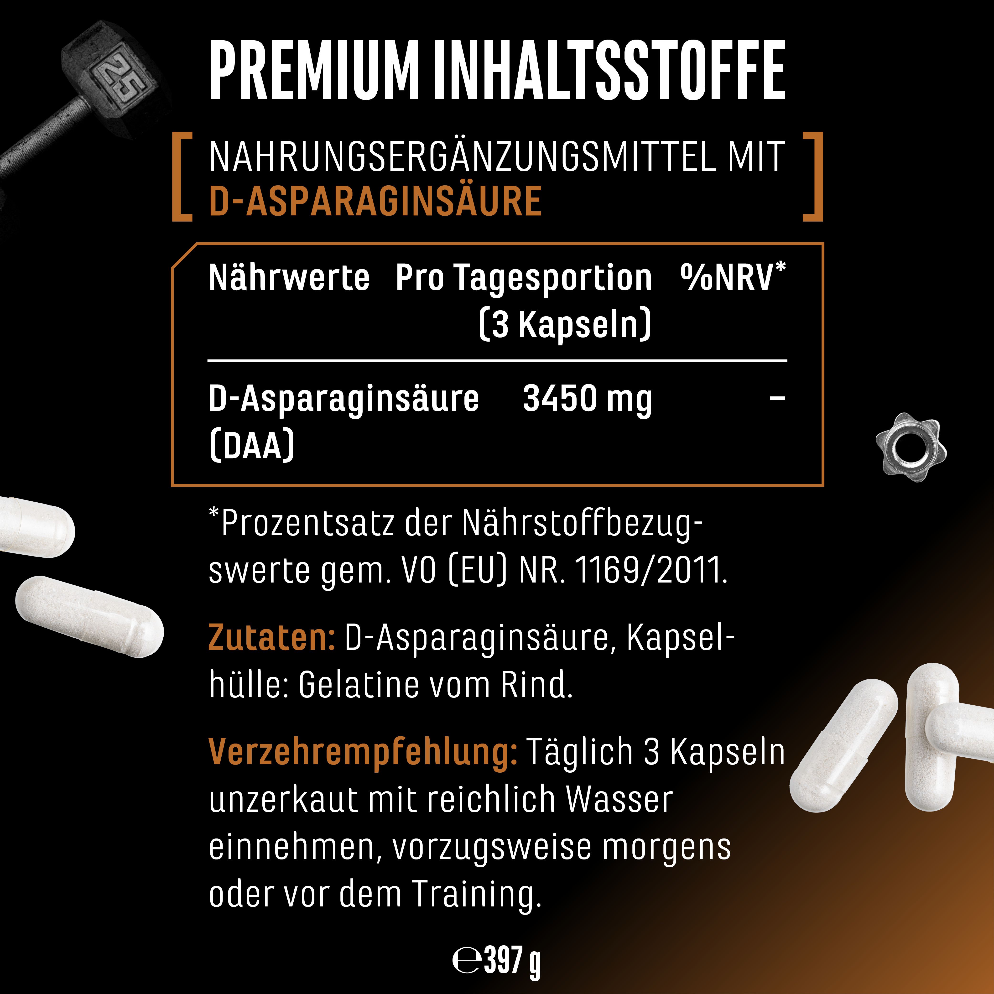 Nahrungsergänzungsmittel mit D-Asparaginsäure. Nährwerte pro Tagesportion (3 Kapseln): 3450 mg DAA. Zutaten: D-Asparaginsäure, Kapselhülle.