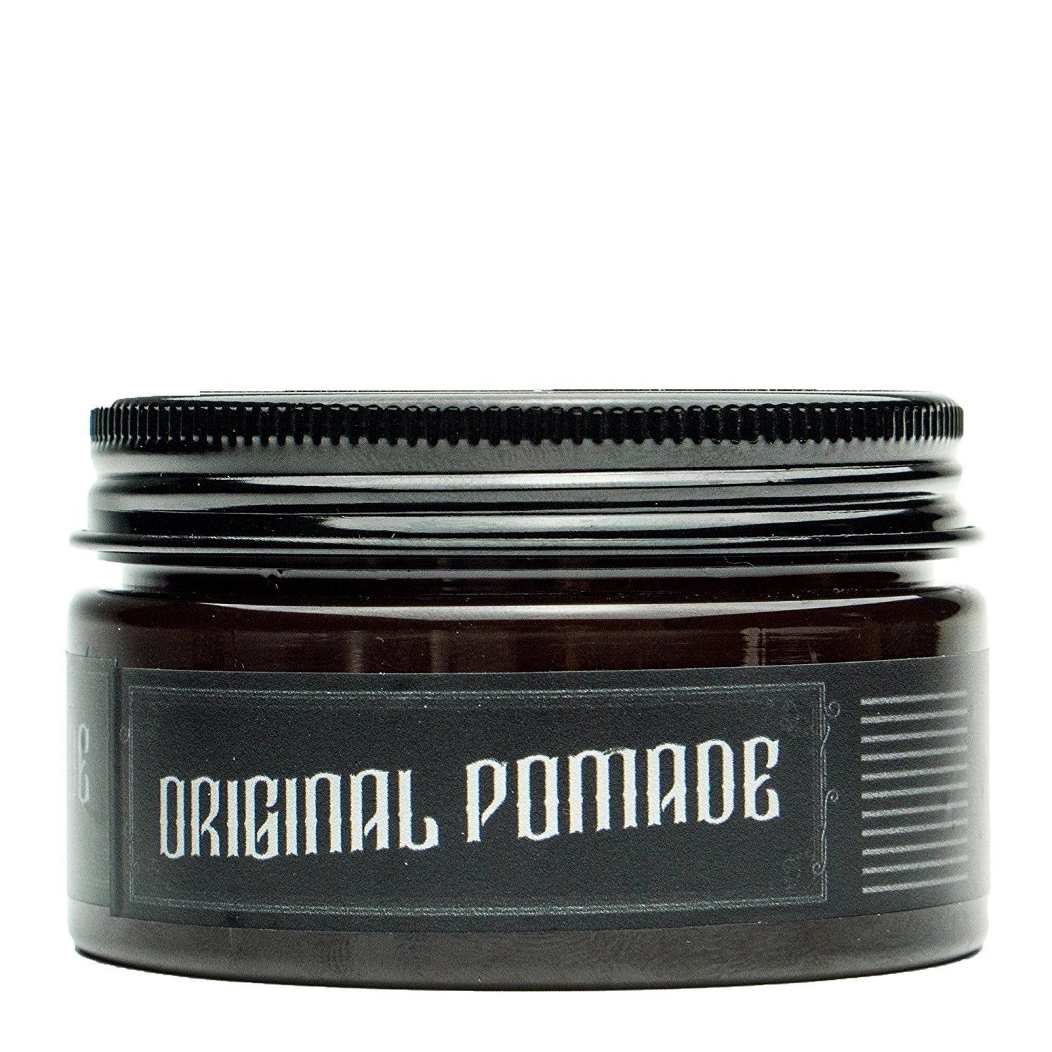 Dunkler Tiegel mit schwarzem Deckel, Etikett mit "ORIGINAL POMADE".