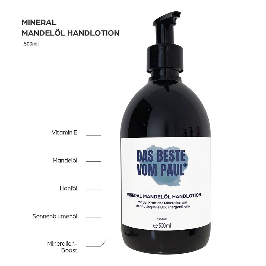 Handlotion-Flasche mit Pumpspender, Inhaltsstoffe aufgelistet.