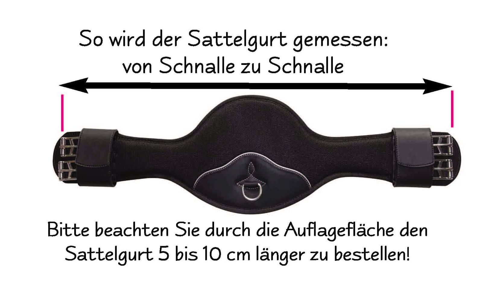 Schwarzer Dressurgurt mit Maßangabe. Messung von Schnalle zu Schnalle. Text: 5-10 cm länger bestellen.